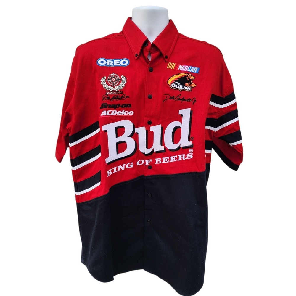 Chase Authentics Bud King Of Beers NASCAR Racing Shirt Mens Large Red Dale Jr